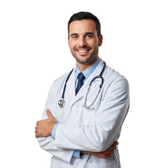 Fototapeta premium A smiling doctor in a white lab coat with a stethoscope on transparent background