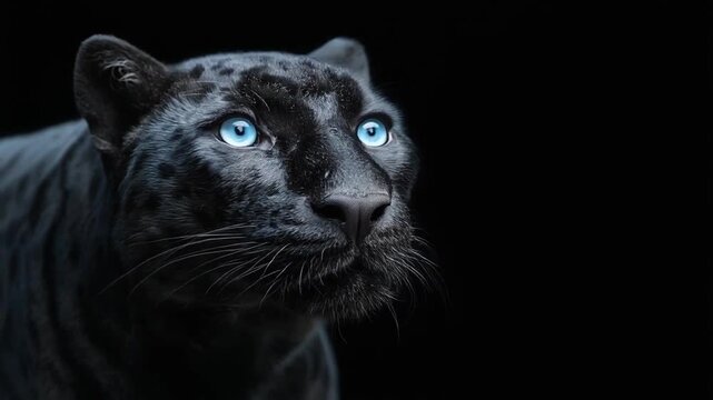 Close-up of a panther's face with bright blue eyes, dark fur, and whiskers against a black background