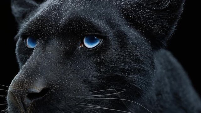 A mesmerizing portrait a panther with intense gaze, highlighted by striking blue eyes against a dark background
