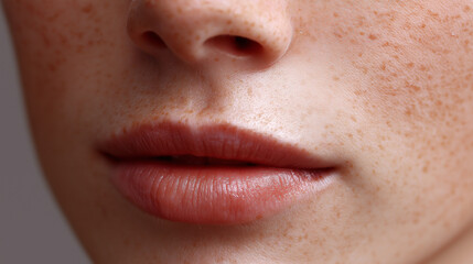 Fototapeta premium Close-up of natural female lips and skin with freckles emphasizing beauty and skincare detail. 