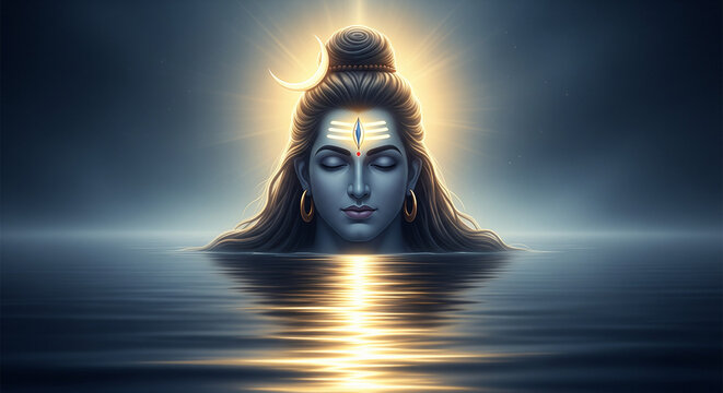 Lord Shiva appears across the sea, made by Ai