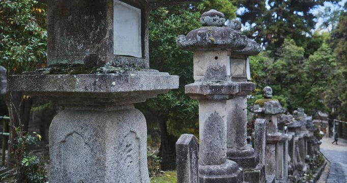 Moss covered stone lantern statues lined up on path in old Japanese park