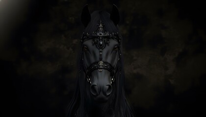 Fototapeta premium Majestic black horse with elegant bridle and golden details