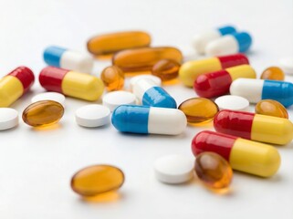 Assorted Pills and Capsules on White Background, Medicine, Vitamins and Pharmaceutical Healthcare Concept
