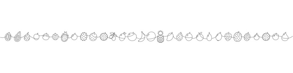 Minimal fruits garland line art. Long horizontal border with tropical fruits