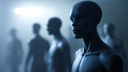 Fototapeta premium Humanoid alien with large dark eyes in a sci-fi setting symbolizing extraterrestrial intelligence and mystery. 