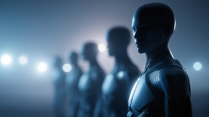 Fototapeta premium Humanoid alien with large dark eyes in a sci-fi setting symbolizing extraterrestrial intelligence and mystery. 