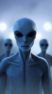 Humanoid alien with large dark eyes in a sci-fi setting symbolizing extraterrestrial intelligence and mystery.
