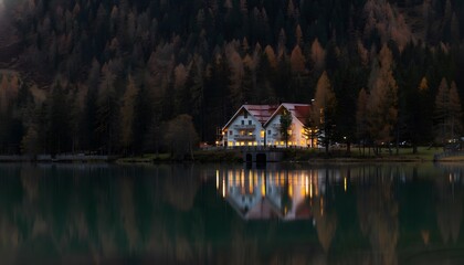 Obraz premium Cozy mountain lodge on serene lake at dusk with warm lighting