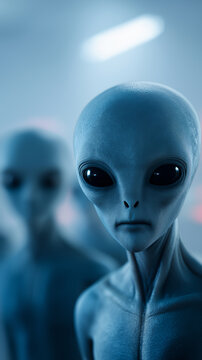 Humanoid alien with large dark eyes in a sci-fi setting symbolizing extraterrestrial intelligence and mystery.
