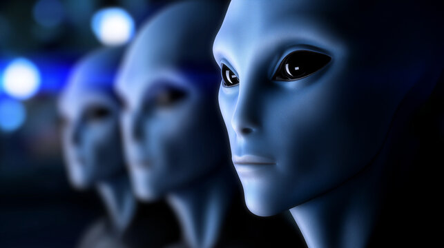 Humanoid alien with large dark eyes in a sci-fi setting symbolizing extraterrestrial intelligence and mystery.
