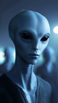 Humanoid alien with large dark eyes in a sci-fi setting symbolizing extraterrestrial intelligence and mystery.
