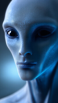 Humanoid alien with large dark eyes in a sci-fi setting symbolizing extraterrestrial intelligence and mystery.
