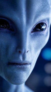 Humanoid alien with large dark eyes in a sci-fi setting symbolizing extraterrestrial intelligence and mystery.
