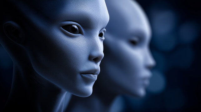 Humanoid alien with large dark eyes in a sci-fi setting symbolizing extraterrestrial intelligence and mystery.
