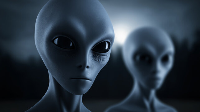 Humanoid alien with large dark eyes in a sci-fi setting symbolizing extraterrestrial intelligence and mystery.
