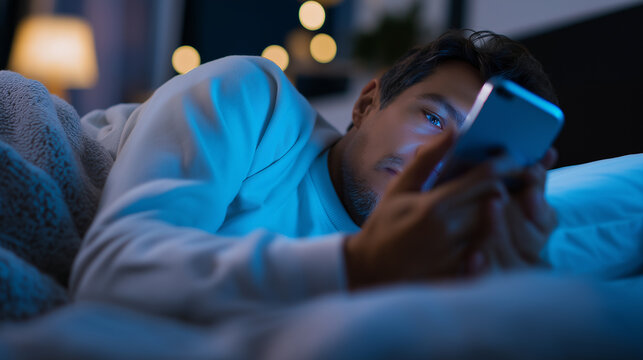 Man lying in bed at night using a smartphone illuminated by screen light representing insomnia and digital lifestyle.

