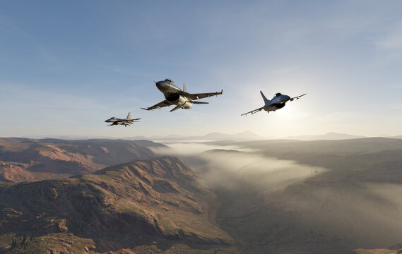 Three Fighter Jets In Formation Over Rugged Canyon At Sunrise