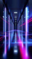 Fototapeta premium Futuristic neon corridor with glowing lines creating a sense of speed, technology, and digital innovation. 