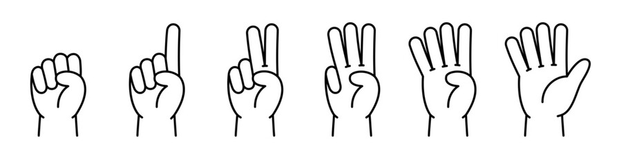 Cartoon hand counting from 0 to 5 with fingers. Minimalist outline vector illustration for kids math, education, and learning posters