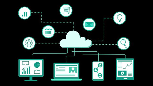 Cloud Computing and Connected Devices Animation, Animation of cloud computing with devices and icons connected to a cloud