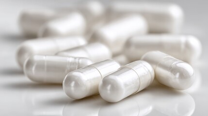 Close-up of white capsules on reflective surface for health and medical use