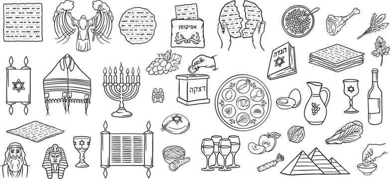 Passover hand drawn doodle design elements isolated on white background.