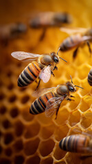 Honey bees working on a golden honeycomb representing pollination, nature, and honey production.
