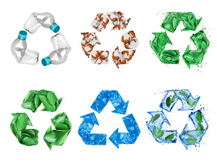 Collection of recycling symbols made from various materials, isolated on a white background