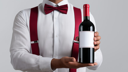 Naklejka premium Waiter presenting a bottle of red wine with blank label symbolizing restaurant service, elegance, and hospitality. 