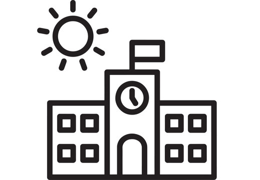School building icon with flag, clock tower and sun symbol, minimal black outline vector for education concept, campus signage, web UI, app interface and pictogram design
