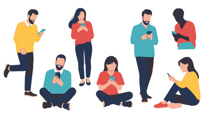 Diverse group of people engrossed in their mobile phones