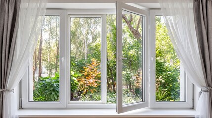 Obraz premium Modern white window with open panes showcasing a lush green garden filled with trees and colorful foliage, bright sunlight illuminating the scene