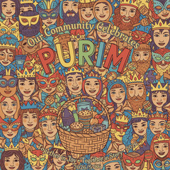 Fototapeta premium A vibrant illustration of a diverse community celebrating Purim with colorful costumes and traditional treats