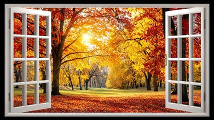 Autumn landscape viewed through open white window frames, featuring vibrant orange and yellow foliage, sunlit trees, and a grassy field in a serene outdoor setting © Marin Zhu