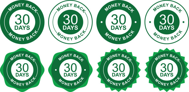 30 days money back badges with circular seals and warranty symbols