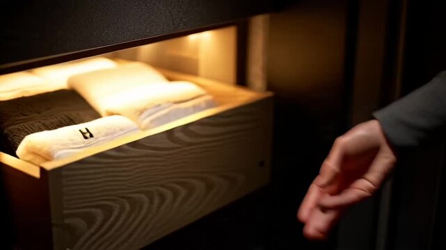 A person's hand reaching into a dimly lit drawer filled with neatly folded sweaters in various colors, showcasing organized clothing storage in a video.