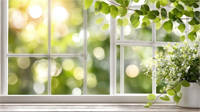 Bright window with white frames showcasing lush green foliage and a potted plant on a wooden sill, creating a serene indoor atmosphere with natural light