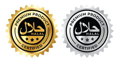 Obraz premium Halal Certified Premium Product Badges – Islamic Compliance Seal Icons in Gold and Silver