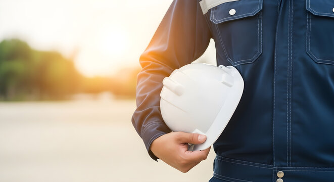 Close-up of a worker in navy uniform holding white safety helmet, sun flare
