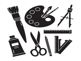 Creative art tools silhouette icon black on white background vector
