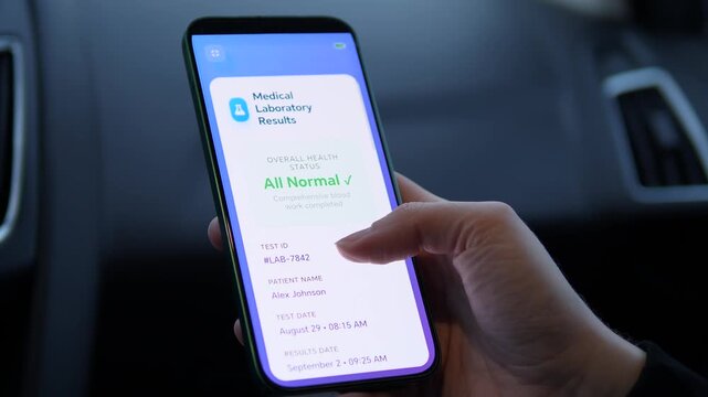 User receiving and opening medical laboratory results on a smartphone. Patient checks All Normal blood work status in a modern health app. Digital healthcare and telemedicine technology concept. 