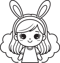 Obraz premium Cute cartoon girl wearing bunny ears headband smiling, black and white line art illus