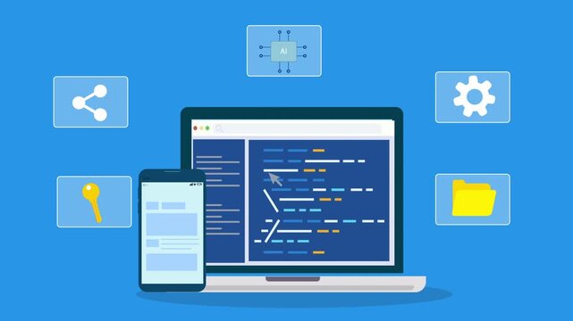 Flat illustration of coding workspace with laptop showing code editor, smartphone interface, and cloud system icons representing software development, security, and digital technology.
