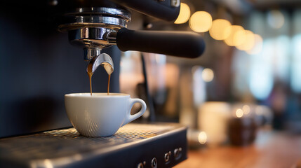 Fresh espresso coffee pouring from a professional machine into a white cup.
