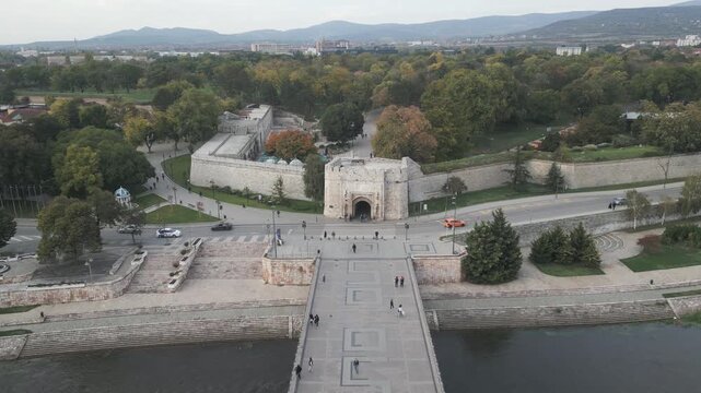 A medieval fortification in Nis, southern Serbia. Aerial video, flying backwards.