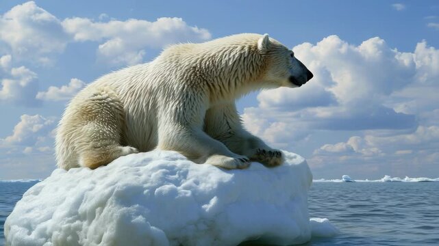 A polar bear sits alone on a shrinking piece of Arctic sea ice, surrounded by water.