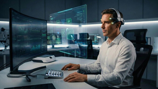 Man with brain-computer interface headset controlling holographic data display in a high-tech research lab.