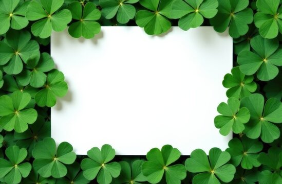 Green clover leaves frame a blank white card, creating a natural border suitable for text or graphics, ideal for seasonal greetings or announcements
