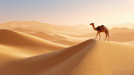 Solitary camel standing on golden sand dunes under soft desert light.
